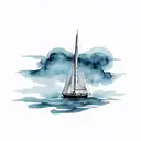 An abstract black sailboat with minimal dark blue watercolor waves. Dont use brown tattoo design idea