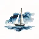 An abstract black sailboat with minimal dark blue watercolor waves. Dont use brown tattoo design idea