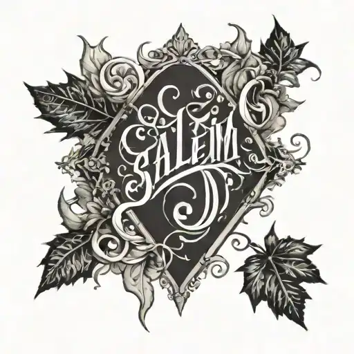 vertical word "salem" framed by leaves and vines hanging tattoo design idea