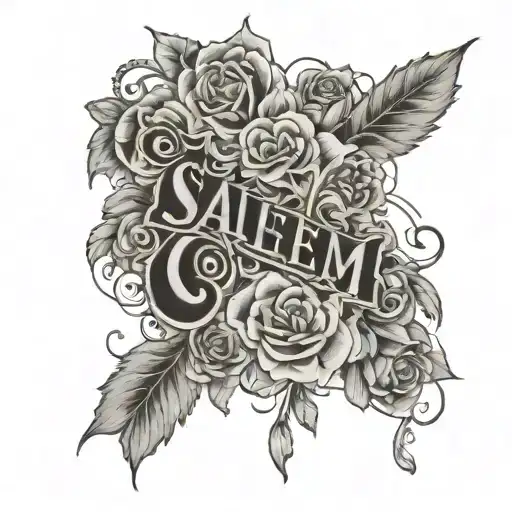 vertical word "salem" framed by whimsical flowers wrapping tattoo design idea