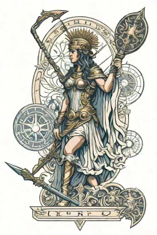 colorful goddess athena holding a spear and a shield over a rectangular sky with some symbols indicating wisedom around tattoo design idea