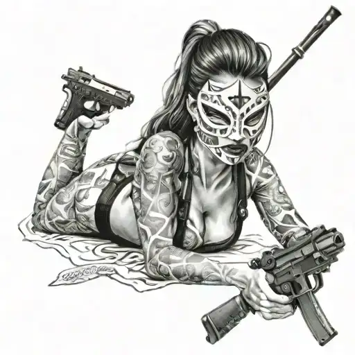 sexy lady mask ski japan gun tattoo design idea