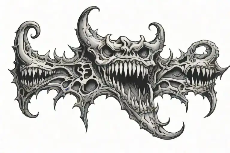 Lower stomach black and grey tattoo creepy teeth gothic illustrative tattoo design idea