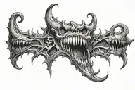 Lower stomach black and grey tattoo creepy teeth gothic illustrative tattoo design idea