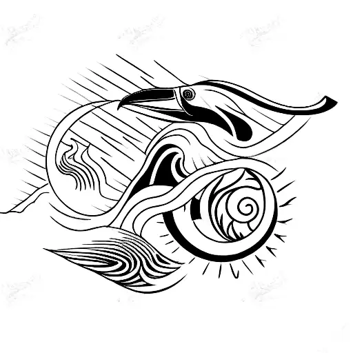A vertical tattoo representing Costa Rica with a surf wave, a toucan, a hummingbird, a volcano and a sun. tattoo design idea