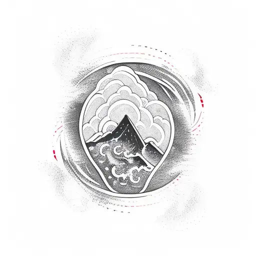 A vertical tattoo with a surf wave, a volcano in the background and a toucan tattoo design idea