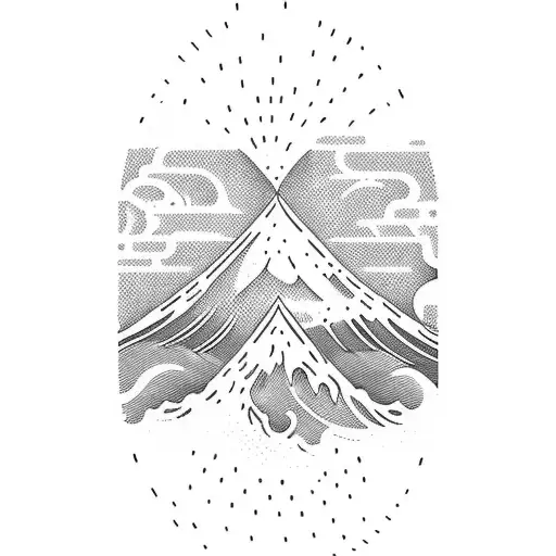 A vertical tattoo with a surf wave, a volcano in the background and a toucan tattoo design idea