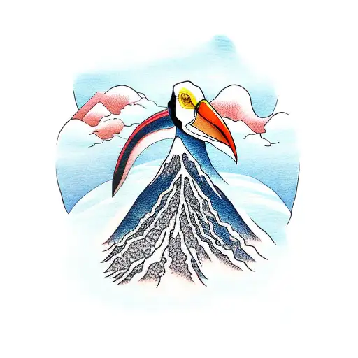 A vertical tattoo with a surf wave, a volcano in the background and a toucan tattoo design idea