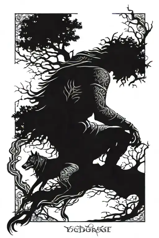 Yggdrasil with a Haggard Battle-worn knight kneeling  with his faithful dog beside him tattoo design idea