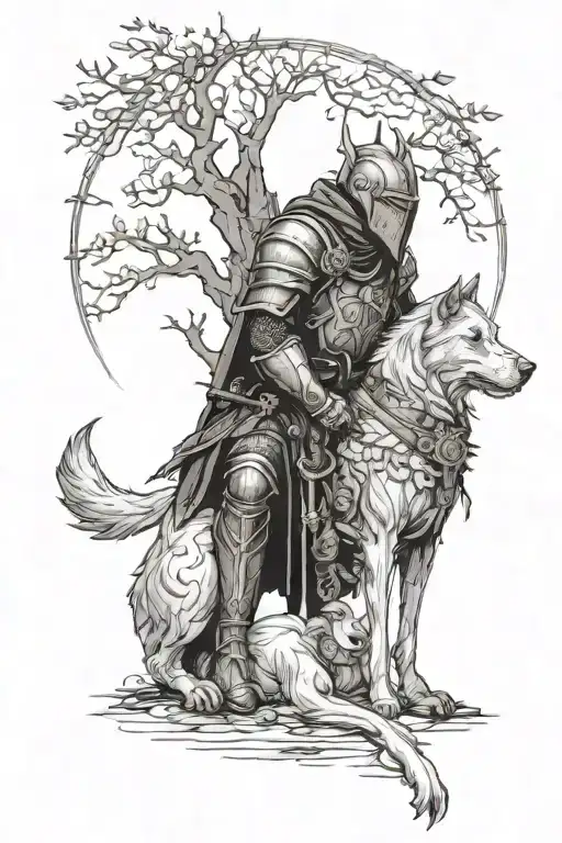 Haggard Battle-worn knight kneeling before Yggdrasil with his faithful dog tattoo design idea