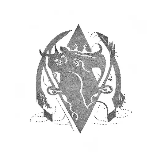 A tattoo design featuring a silhouette of a cowboy riding a horse through a rugged mountain landscape, with musical notes floating in the background tattoo design idea