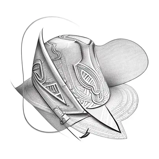 A unique design combining elements of a cowboy hat, military helmet, and musical notes to represent the client's diverse interests tattoo design idea