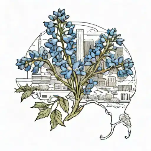 A beautiful bouquet of Texas bluebonnets with a subtle outline of the Houston skyline in the background tattoo design idea