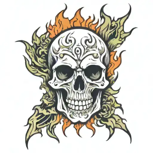 skull and flames engulfing tattoo design idea
