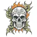 skull and flames engulfing tattoo design idea