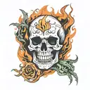 skull and flames engulfing tattoo design idea