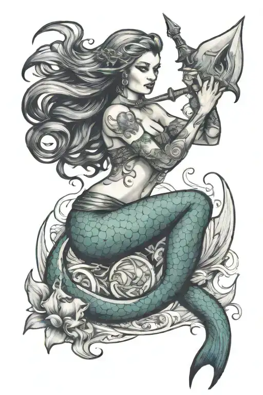 mermaid with trident held tattoo design idea