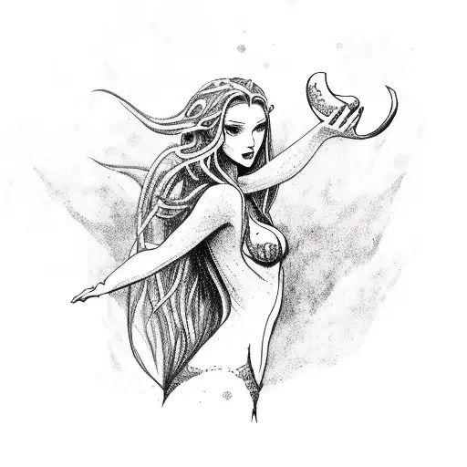 A mermaid with long hair and spikes across her body, full-length, holding a human skull in her hands and looking into hi tattoo design idea