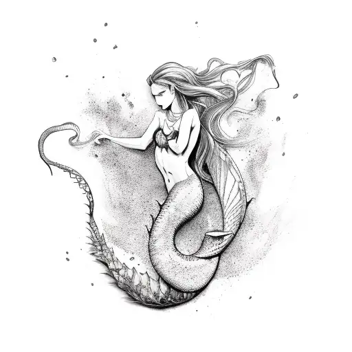 a mermaid with long hair and body spikes drowns a man. tattoo design idea