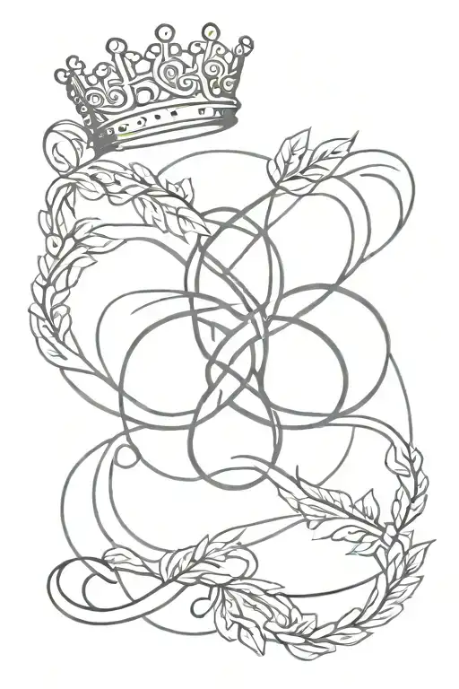 Infinity symbol intertwined with geometric design symbolizing conquering autism, with laurel for triumph and crown on top, all in black/grey linework and dotwork tattoo design idea