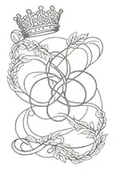 Infinity symbol intertwined with geometric design symbolizing conquering autism, with laurel for triumph and crown on top, all in black/grey linework and dotwork tattoo design idea