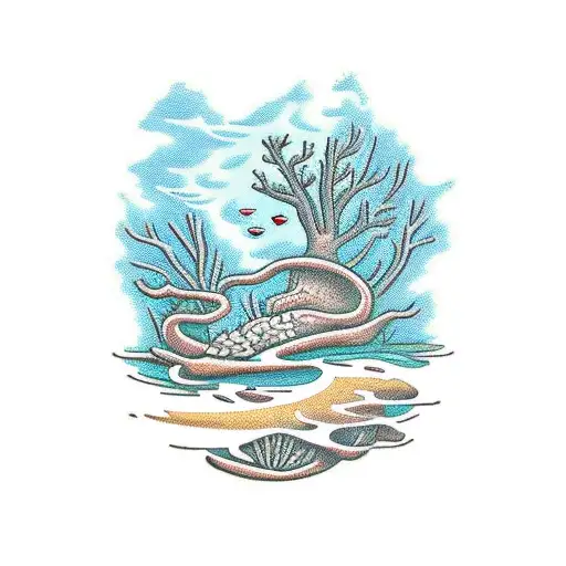 A hiking trail leading to an underwater coral garden tattoo design idea