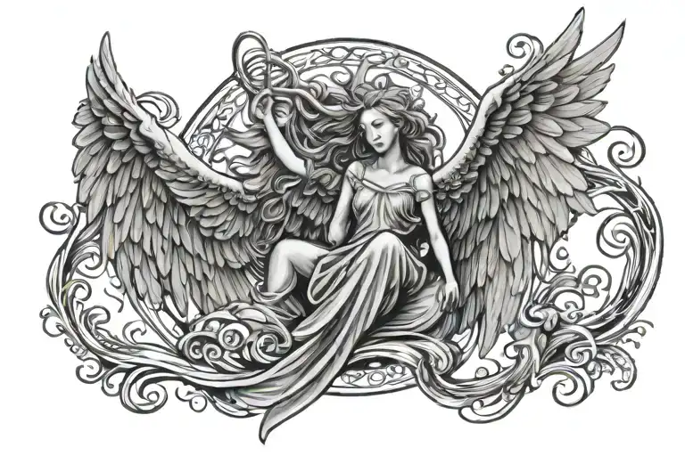 222 with angel wings and water flowing tattoo design idea