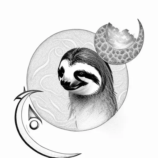 Visualize a lifelike black and white tattoo with a serene sloth reclining authentically on a crescent moon. Enclose this tattoo design idea