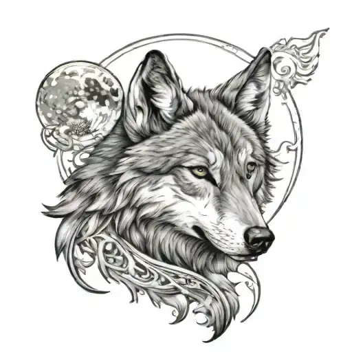 a Wolf with a moon in história eye tattoo design idea