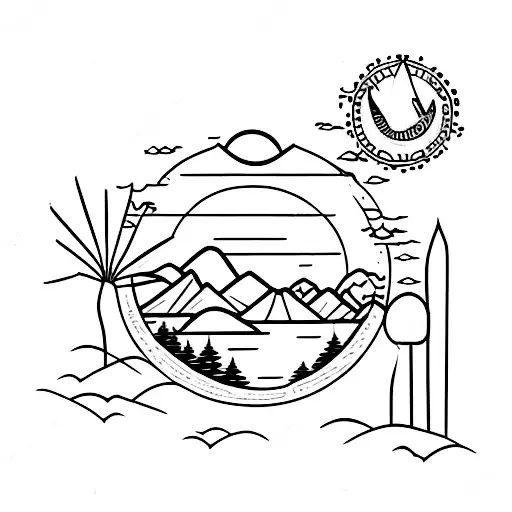 A tranquil lake surrounded by hiking trails and wildlife tattoo design idea