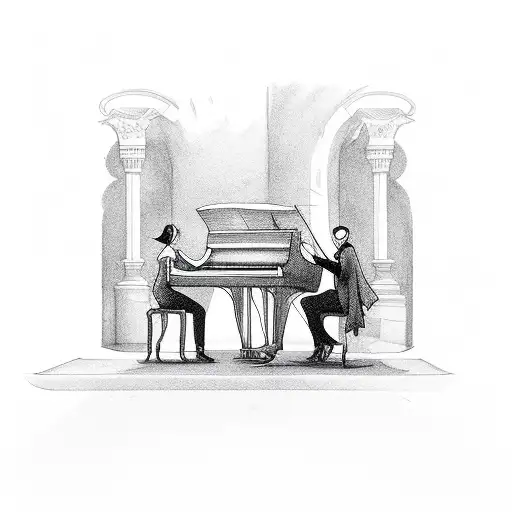 piano, guitar and flute dancing tattoo design idea