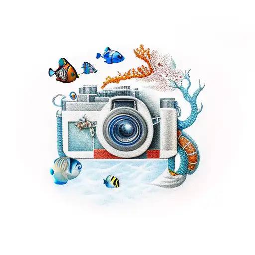 A documentary camera lens focused on a captivating underwater scene, combining the client's interests in documentaries and watersides tattoo design idea