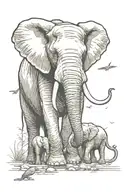 elephant face with sparrow sitting on tusk Surrounded by large angle tattoo design idea