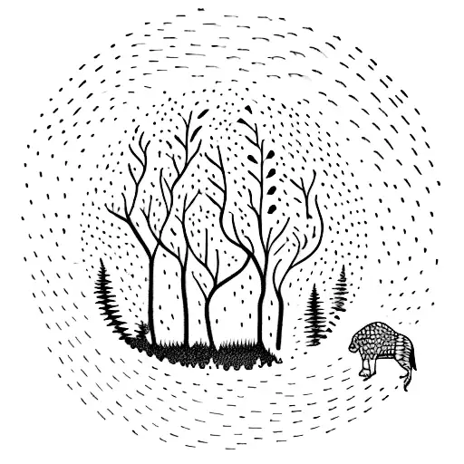 A dotwork tattoo of a serene forest landscape with animals playing musical instruments under a starry night sky. tattoo design idea