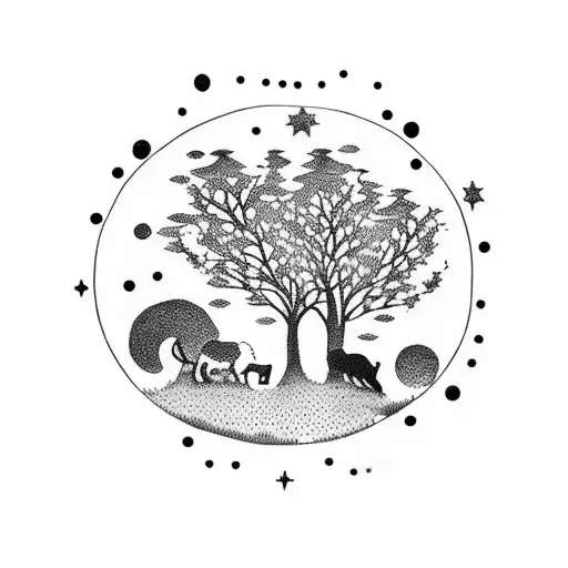 A dotwork tattoo of a serene forest landscape with animals playing musical instruments under a starry night sky. tattoo design idea