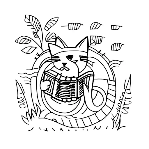 A minimalistic tattoo of a cat playing the accordion surrounded by plants and water tattoo design idea