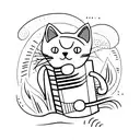 A minimalistic tattoo of a cat playing the accordion surrounded by plants and water tattoo design idea