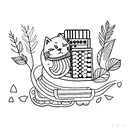 A minimalistic tattoo of a cat playing the accordion surrounded by plants and water tattoo design idea