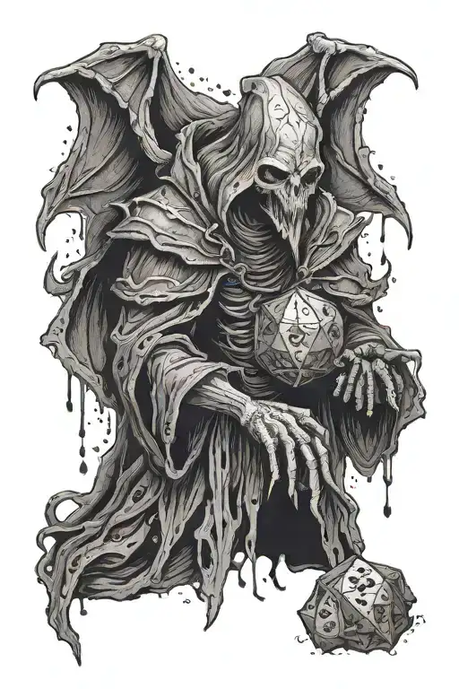 mysterious mind flayer from dnd depicted as a dungeon master with a d20 dice tattoo design idea