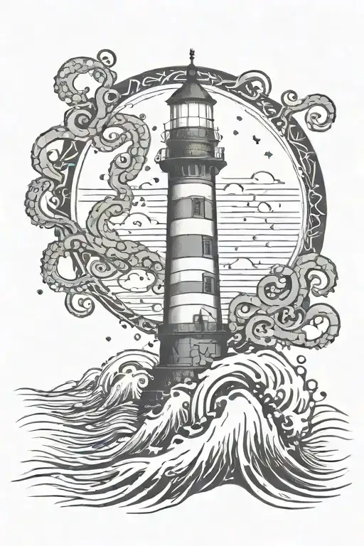 tentacles reaching and surrounding a lighthouse emerging from sea waves tattoo design idea