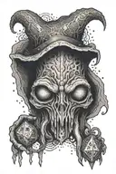 mysterious mind flayer from dnd depicted as a dungeon master with a d20 dice tattoo design idea