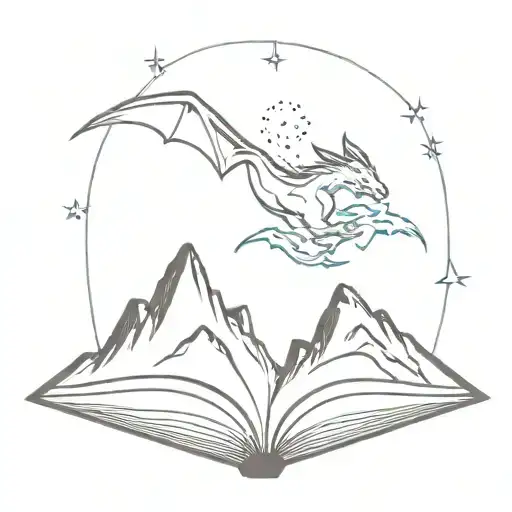 open book with three mountains and stars and dragons flying tattoo design idea