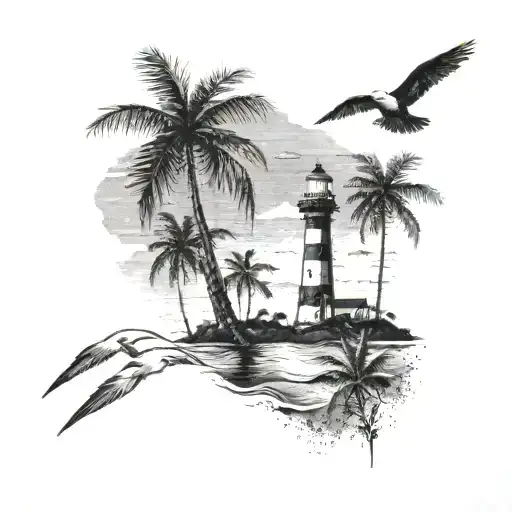 A dotwork tattoo of a serene beach scene with a lighthouse in the distance, surrounded by palm trees and seagulls tattoo design idea