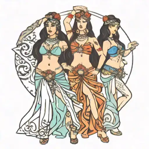four belly dancers posing tattoo design idea