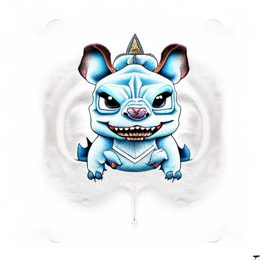 Dragão banguela rindo com o stich com o chapéu seletor na cabeça  tattoo design idea