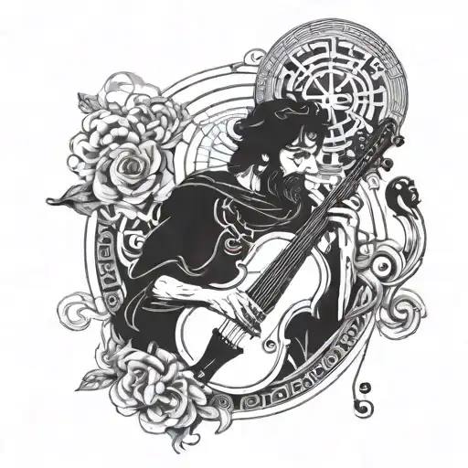 An intricate design combining elements of stoicism and music, such as a stoic figure playing a musical instrument, surrounded by symbols of strength and resilience tattoo design idea