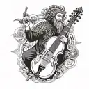 An intricate design combining elements of stoicism and music, such as a stoic figure playing a musical instrument, surrounded by symbols of strength and resilience tattoo design idea