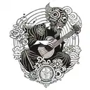 An intricate design combining elements of stoicism and music, such as a stoic figure playing a musical instrument, surrounded by symbols of strength and resilience tattoo design idea