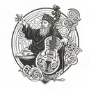 An intricate design combining elements of stoicism and music, such as a stoic figure playing a musical instrument, surrounded by symbols of strength and resilience tattoo design idea