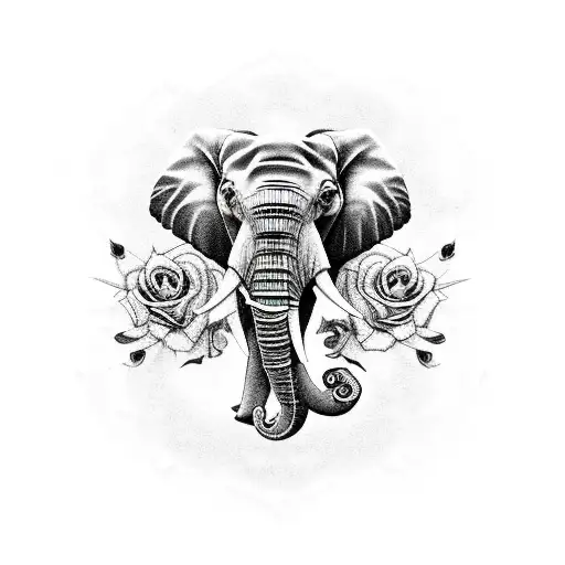 elephant with roses, skulls and details tattoo design idea